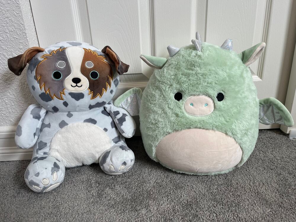 Squishmallows 14" Squeezemallows Raylor Australian Shepherd & Drew Green Dragon